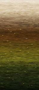 Ombre wide quilt backing fabric that looks like ripples fading from beige on top to browns to greens  to very dark green on the bottom with small yellow accents scattered across the fabric.