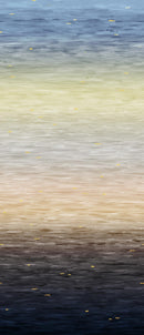 Ombre wide quilt backing fabric that looks like ripples fading from blue on top to neutrals to black on the bottom with small yellow accents scattered across the fabric.