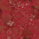 Wide quilt backing fabric with berry sprigs, leaves, and pine branches with pine cones in green and white scattered on  a dark red background.