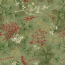 Wide quilt backing fabric with berry sprigs, leaves, and pine branches with pine cones in green and white scattered on  a sage green background.