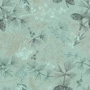 Wide quilt backing fabric with berry sprigs, leaves, and pine branches with pine cones in dark green and tan scattered on a mint green and tan background.