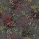 Wide quilt backing fabric with berry sprigs, leaves, and pine branches with pine cones in green, red, and gold scattered on a charcoal background.