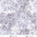 Wide quilt backing fabric with a paatern of scattered snowflakes and berry branches in shades of gray with a ruler at the bottom for scale.