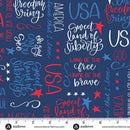 Wide quilt backing fabric with patriotic phrases and stars in red, white and blue on a dark blue background, featuring a ruler at the bottom for scale.