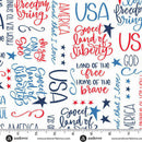 Wide quilt backing fabric with patriotic phrases and stars in red and blue on a white background, featuring a ruler at the bottom for scale.