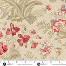 Wide quilt backing fabric with a floral  pattern in tan, red and purple on a beige background with a ruler for scale.
