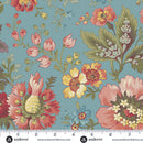 Wide quilt backing with a pink, blue and yellow floral pattern on a medium blue background with a ruler at the bottom to show scale.