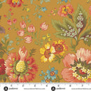 Wide quilt backing with a multi colored floral pattern on a butterscotch background with a ruler at the bottom to show scale.