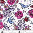 Wide quilt backing fabric with a rose print in pink and purple and blue birds on a white background.