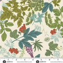 Wide quilt backing fabric with a repeating botanical pattern on a cream background with olive green, teal blue, and red leafy branches and berry clusters. A ruler and the andover fabric watermark are visible along the bottom edge.