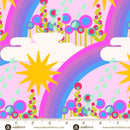 A repeating wide quilt backing fabric pattern featuring whimsical rainbow arches, yellow suns, white clouds, and retro-style flowers in pink, purple, blue, green, and yellow. A ruler scale and the brand name andover fabrics are visible along the bottom edge.