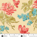 Floral pattern with pink and blue flowers on a beige background with a ruler at the bottom to show scale.