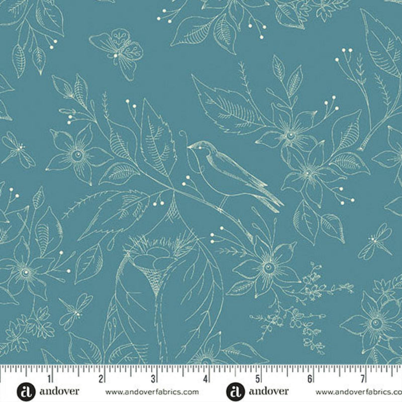 Wide quilt backing fabric with birds and flowers on a medium blue background, with a ruler at the bottom for scale.