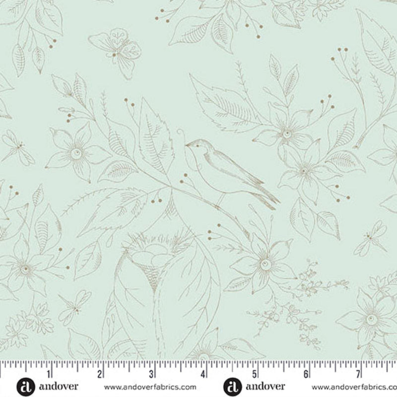 Wide quilt backing fabric with birds and flowers on a light blue/green background, with a ruler at the bottom for scale.
