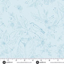 Wide quilt backing fabric with birds and flowers on a light blue background, with a ruler at the bottom for scale.