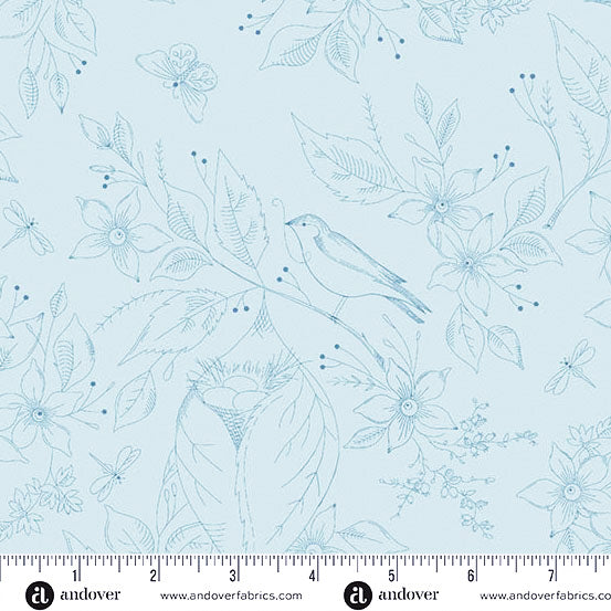 Wide quilt backing fabric with birds and flowers on a light blue background, with a ruler at the bottom for scale.