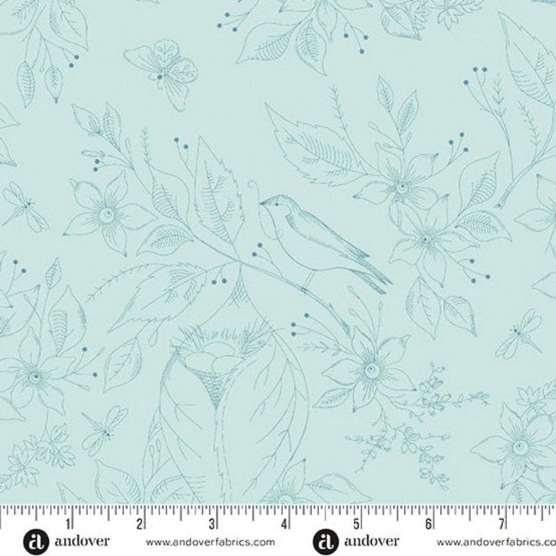 Wide quilt backing fabric with birds and flowers on a light blue background, with a ruler at the bottom for scale.