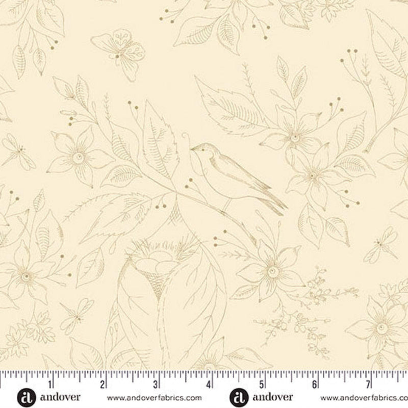 Wide quilt backing fabric with birds and flowers on a cream background, with a ruler at the bottom for scale.