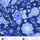 Blue delft-looking floral patterned wide quilt backing fabric on a dark blue background with a ruler at the bottom to show scale.