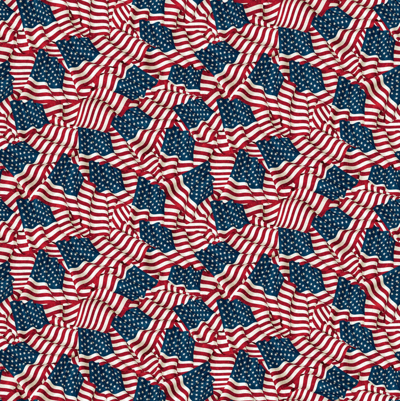 Wide quilt backing fabric with a packed American flag design.