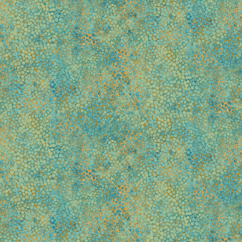 Wide quilt backing fabric with a multicolored, tiny circle pattern with teal blue, green, and yellow hues.