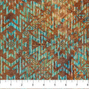 Textile with geometric pattern in brown and turquoise on a white background