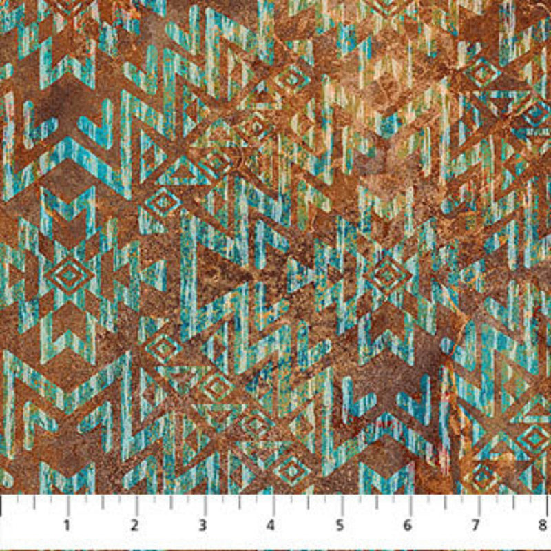 Textile with geometric pattern in brown and turquoise on a white background
