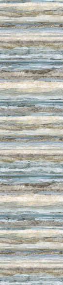 Top to bottom selvage to selvage image of wide quilt backing fabric with a horizontal stripe print in various shades of blue, gray, and beige.