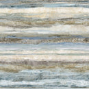 Wide quilt backing fabric with a horizontal stripe print in various shades of blue, gray, and beige.