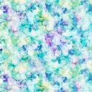 Wide quilt backing fabric with a colorful watercolor-like pattern with shades of blue, green, and purple.