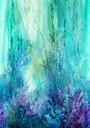 Underwater scene that runs selvage to selvage of a coral reef in blue, purple, green and yellow.