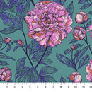 Wide quilt backing fabric with a repeating floral pattern featuring large pink peony-like flowers with layered petals and dark blue leaves on a teal background., with a white ruler at the bottom showing measurement markings.
