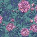 Wide quilt backing fabric with a repeating floral pattern featuring large pink peony-like flowers with layered petals and dark blue leaves on a teal background.