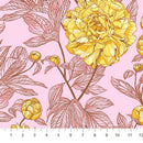 Wide quilt backing fabric with a close-up of a pink floral pattern featuring large yellow peony-style flowers and brown and pink leafy stems, with a white ruler along the bottom edge showing measurement