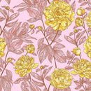 Wide quilt backing fabric with a repeating floral pattern featuring large yellow peony-like flowers and brown and pink leafy stems on a light pink background.