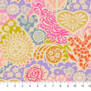 Colorful floral and abstract patterned wide quilt backing fabric with a ruler at the bottom for scale.