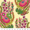 Floral sprays in pink and green on a light yellow background.
