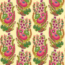 Floral sprays in pink and green on a light yellow background.
