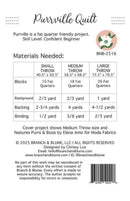 Materials needed chart for a Purrville Quilt project with specifications for different throw sizes.