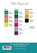 Fabric requirement chart for sewing patterns with color swatches and yardage details.