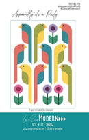 Colorful bird and flower quilt pattern with text on a white background