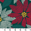 Wide quilt backing fabric with a repeating holiday floral pattern featuring red poinsettias, white poinsettias with yellow centers, and dark green leaves on a dark dark green background with a ruler at the bottom for scale.