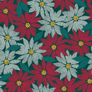 Wide quilt backing fabric with a repeating holiday floral pattern featuring red poinsettias, white poinsettias with yellow centers, and dark green leaves on a dark dark green background.