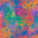 Wide quilt backing fabric with spray paint looking splotches of color in rainbow colors.