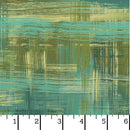 Wide quilt backing fabric with an abstract  plaid pattern in green and teal brushstroke style lines with a ruler at the bottom for scale.