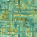 Wide quilt backing fabric with an abstract  plaid pattern in green and teal brushstroke style lines.