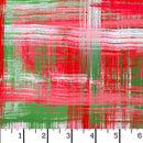 Wide quilt backing fabric with an abstract plaid pattern made of horizontal and vertical red, green, and white brushstroke lines. A ruler scale is visible along the bottom edge.