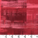 Wide quilt backing fabric pattern featuring abstract horizontal and vertical brushstrokes in shades of deep red, burgundy, and magenta, with a white ruler scale at the bottom showing measurements.