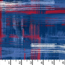 Abstract wide quilt backing fabric pattern with horizontal and vertical, plaid looking brushstroke textures in shades of red, white and blue on a dark blue background with a ruler at the bottom for scale.
