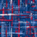 Abstract wide quilt backing fabric pattern with horizontal and vertical, plaid looking brushstroke textures in shades of red, white and blue on a dark blue background.
